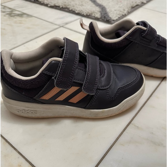 Adidas leather lightly worn sneakers. Color is very dark bluish purplish brown. - Picture 1 of 7